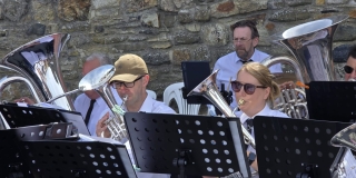 Mike and Sarah on horns with Andrew on drums